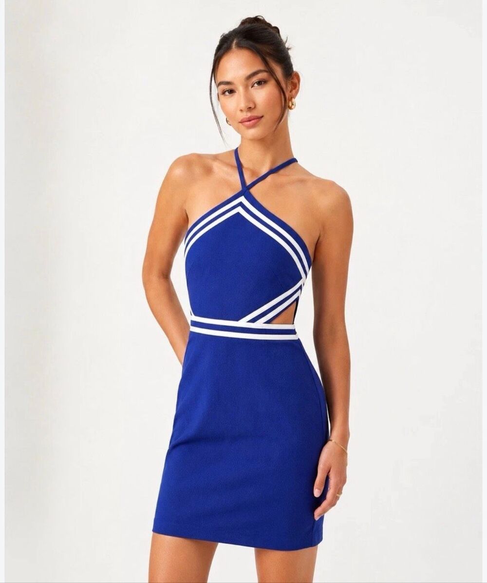 Trina Turk Grasse Cobalt Blue Linen White Trim Halter Cutout Mini Dress 6
